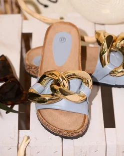 Best Niebieskie klapki damskie z ozdobą Sofig Klapki Płaskie