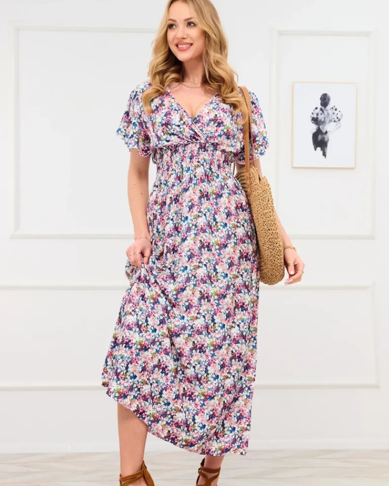 New Niebiesko- różowa damska sukienka maxi w kwiaty Sukienki Letnie|Sukienki Długie