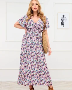 New Niebiesko- różowa damska sukienka maxi w kwiaty Sukienki Letnie|Sukienki Długie