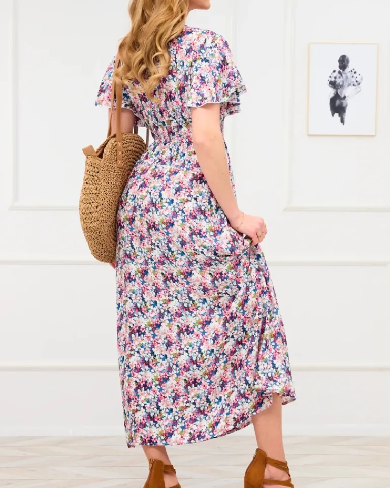 New Niebiesko- różowa damska sukienka maxi w kwiaty Sukienki Letnie|Sukienki Długie