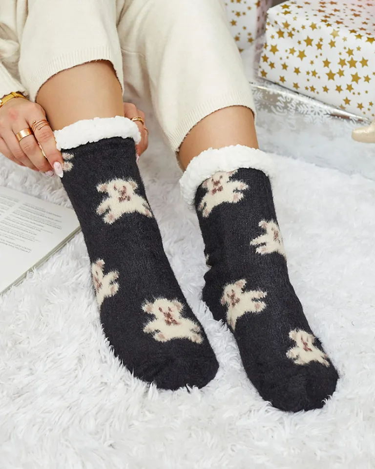 Best Ocieplane czarne damskie skarpetki z misiami Skarpetki