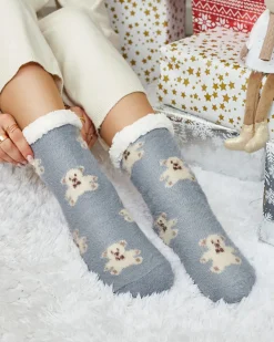 Outlet Ocieplane szare damskie skarpetki z misiami Skarpetki