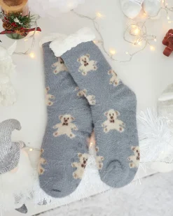Outlet Ocieplane szare damskie skarpetki z misiami Skarpetki