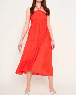 Outlet Pomarańczowa sukienka midi PLUS SIZE Sukienki Letnie|Sukienki Długie