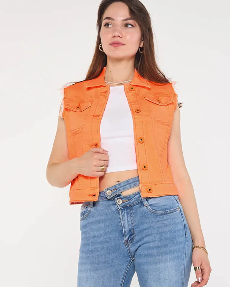 Clearance Pomarańczowa jeansowa kamizelka damska Kurtki / Marynarki / Płaszcze