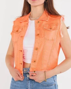Clearance Pomarańczowa jeansowa kamizelka damska Kurtki / Marynarki / Płaszcze