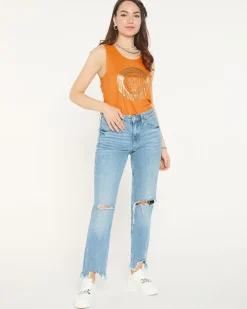 Pomarańczowa bluzka na ramiączkach z printem i cyrkoniami Bluzki / Koszule / Koszulki