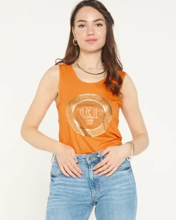 Pomarańczowa bluzka na ramiączkach z printem i cyrkoniami Bluzki / Koszule / Koszulki