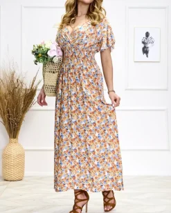Sale Pomarańczowo- niebieska damska kwiecista sukienka midi Sukienki Letnie|Sukienki Długie