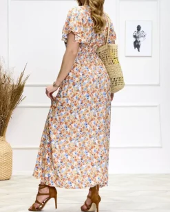 Sale Pomarańczowo- niebieska damska kwiecista sukienka midi Sukienki Letnie|Sukienki Długie