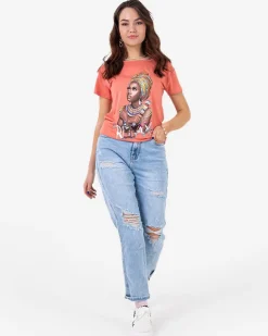 Best damski t-shirt z kolorowym printem i cekinami Bluzki / Koszule / Koszulki