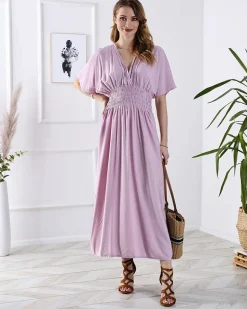 Sale Różowa damska długa sukienka z kopertowym dekoltem Sukienki Letnie|Sukienki Długie