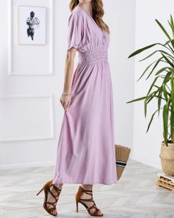 Sale Różowa damska długa sukienka z kopertowym dekoltem Sukienki Letnie|Sukienki Długie