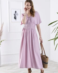 Sale Różowa damska długa sukienka z kopertowym dekoltem Sukienki Letnie|Sukienki Długie