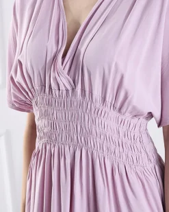 Sale Różowa damska długa sukienka z kopertowym dekoltem Sukienki Letnie|Sukienki Długie