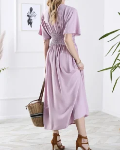 Sale Różowa damska długa sukienka z kopertowym dekoltem Sukienki Letnie|Sukienki Długie