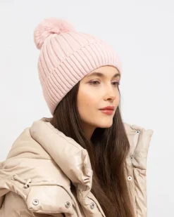 Sale Różowa damska ocieplana czapka z pomponem Damskie Czapki I Kapelusze