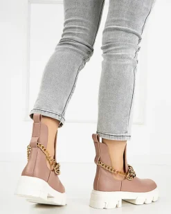 Sale Różowe damskie botki z łańcuszkiem Tenkay Botki Bez Ocieplenia|Botki Na Płaskim Obcasie