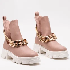 Sale Różowe damskie botki z łańcuszkiem Tenkay Botki Bez Ocieplenia|Botki Na Płaskim Obcasie