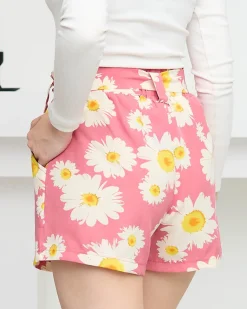 Outlet Różowe wzorzyste damskie materiałowe krótkie spodenki w kwiaty Szorty|Krótkie Spodenki