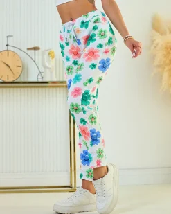 Spodnie damskie materiałowe w kwiaty Spodnie Materiałowe