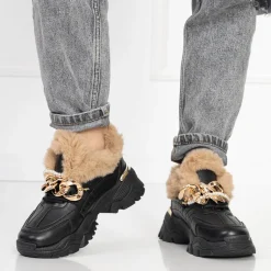 Clearance Sportowe czarne buty damskie z futerkiem Flixis Damskie Śniegowce|Ocieplane