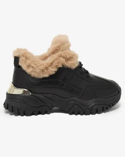 Clearance Sportowe czarne buty damskie z futerkiem Flixis Damskie Śniegowce|Ocieplane