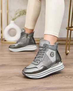 Clearance Sportowe szare sneakersy damskie z brokatem Kawellas Damskie Ocieplane|Sneakersy