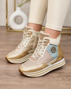 Sportowe złote sneakersy damskie z brokatem Kawellas Damskie Ocieplane|Sneakersy