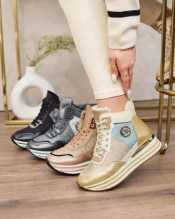 Sportowe złote sneakersy damskie z brokatem Kawellas Damskie Ocieplane|Sneakersy