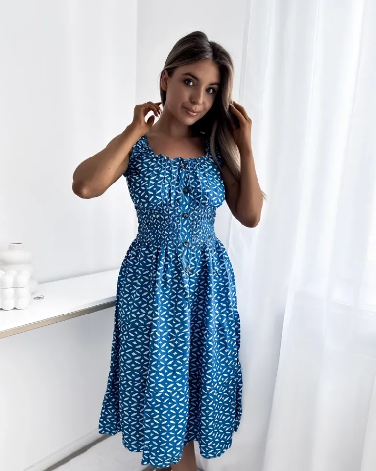 Best Sukienka damska za kolano z printem w kolorze niebieskim Sukienki Letnie|Sukienki Długie