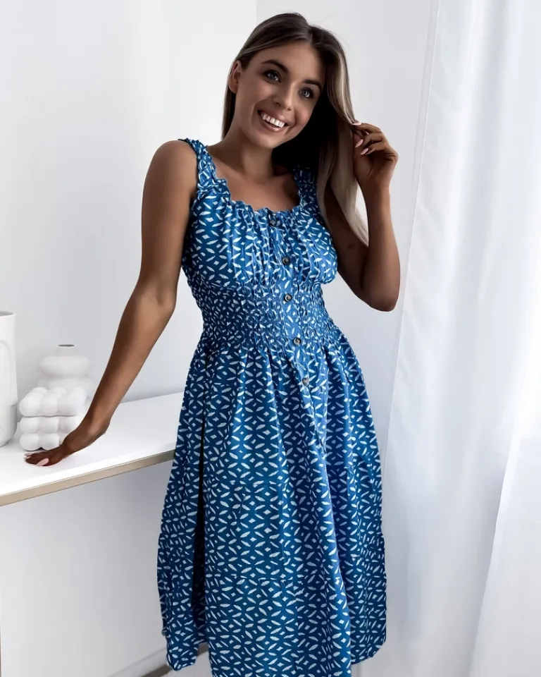 Best Sukienka damska za kolano z printem w kolorze niebieskim Sukienki Letnie|Sukienki Długie