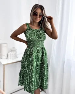 Sale Sukienka damska za kolano z printem w kolorze ciemnom Sukienki Letnie|Sukienki Długie