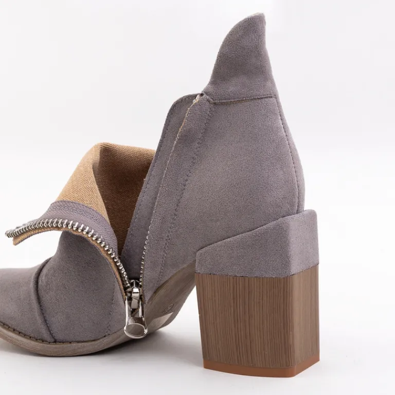 Sale Szare damskie botki z wycięciami Plinara Botki Bez Ocieplenia|Botki Na Słupku