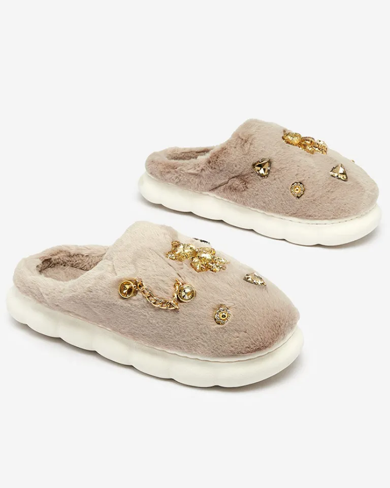 Szare damskie futrzane kapcie z ozdobami Erserra Kapcie