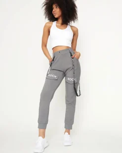 Clearance Szare damskie materiałowe spodnie typu bojówki z szelkami Spodnie Cargo|Spodnie Dresowe