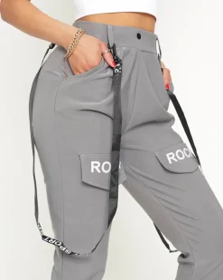 Clearance Szare damskie materiałowe spodnie typu bojówki z szelkami Spodnie Cargo|Spodnie Dresowe