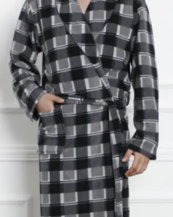 Outlet Szary męski szlafrok w kratę Szlafroki