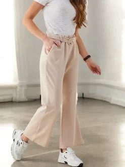 Szerokie spodnie materiałowe damskie z ozdobnym paskiem Spodnie Materiałowe
