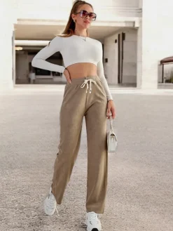 Best Szerokie spodnie damskie prążkowane PLUS SIZE Plus Size|Spodnie Materiałowe