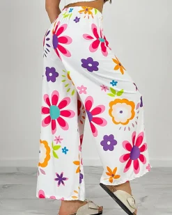 Best Szerokie spodnie damskie materiałowe w kwiaty Spodnie Materiałowe