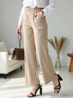 Sale Szerokie spodnie damskie z ozdobną klamerką Spodnie Materiałowe