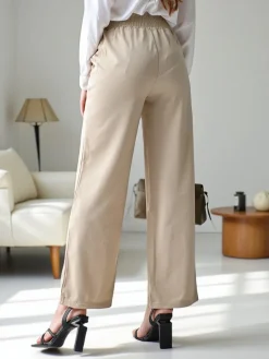 Sale Szerokie spodnie damskie z ozdobną klamerką Spodnie Materiałowe