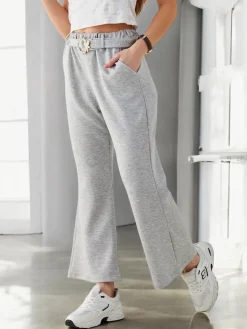 Sale Szerokie spodnie materiałowe damskie z ozdobnym paskiem Spodnie Materiałowe