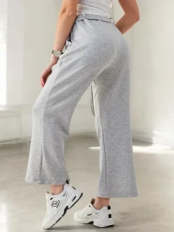 Sale Szerokie spodnie materiałowe damskie z ozdobnym paskiem Spodnie Materiałowe