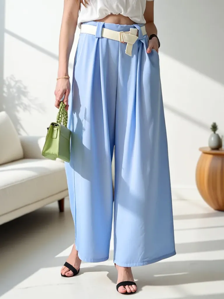 Online Szerokie spodnie damskie z paskiem Spodnie Materiałowe