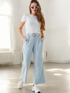 Discount Szerokie spodnie materiałowe damskie z ozdobnym paskiem Spodnie Materiałowe