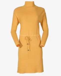 Hot Żółta damska sukienka swetrowa z golfem Sukienki Długie