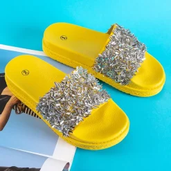 Sale Żółte klapki damskie z cyrkoniami Onesti Klapki Basenowe|Klapki Płaskie