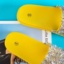 Sale Żółte klapki damskie z cyrkoniami Onesti Klapki Basenowe|Klapki Płaskie